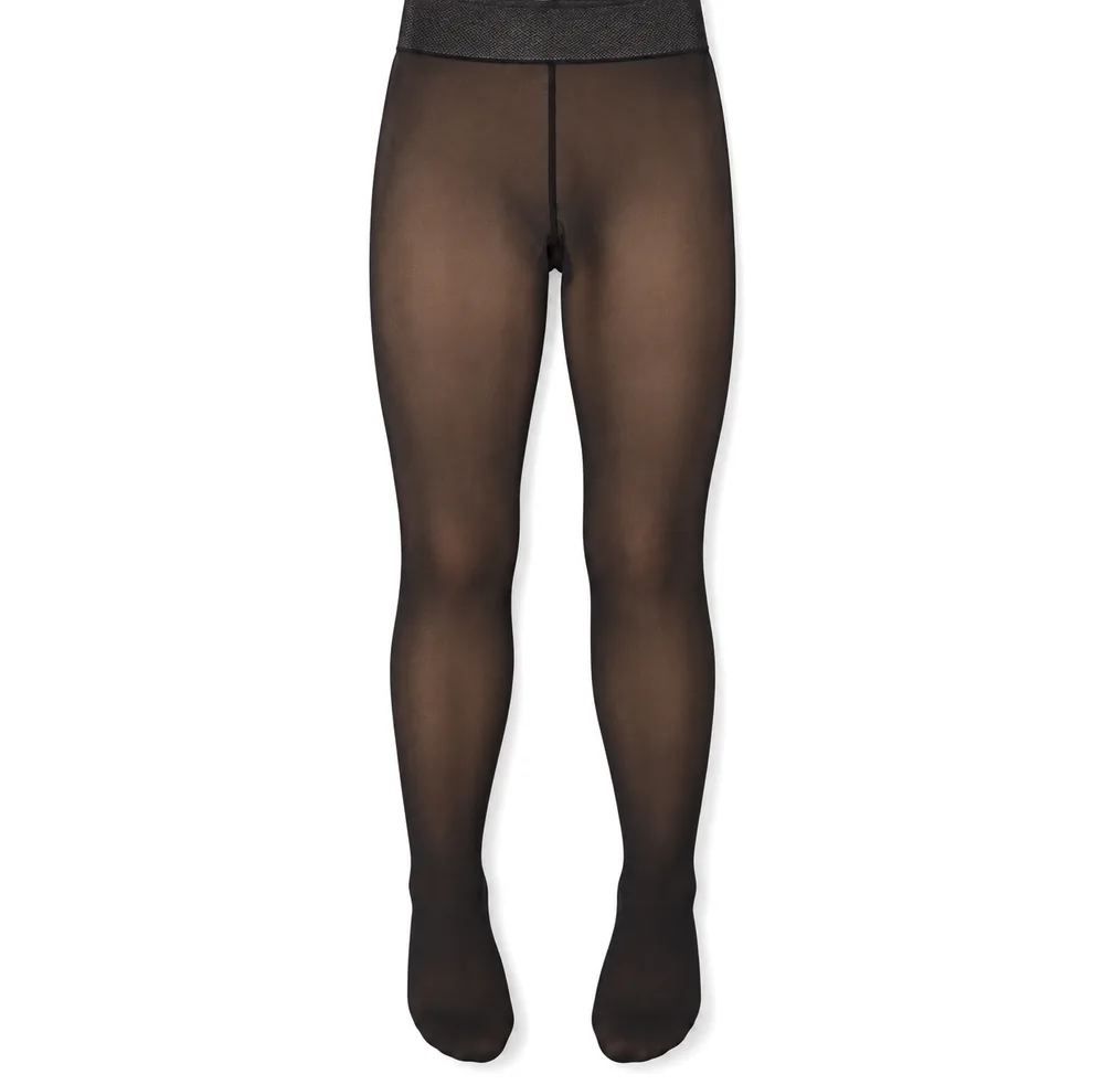 The tights laid flat, showing the single centre seam running down from the waistband